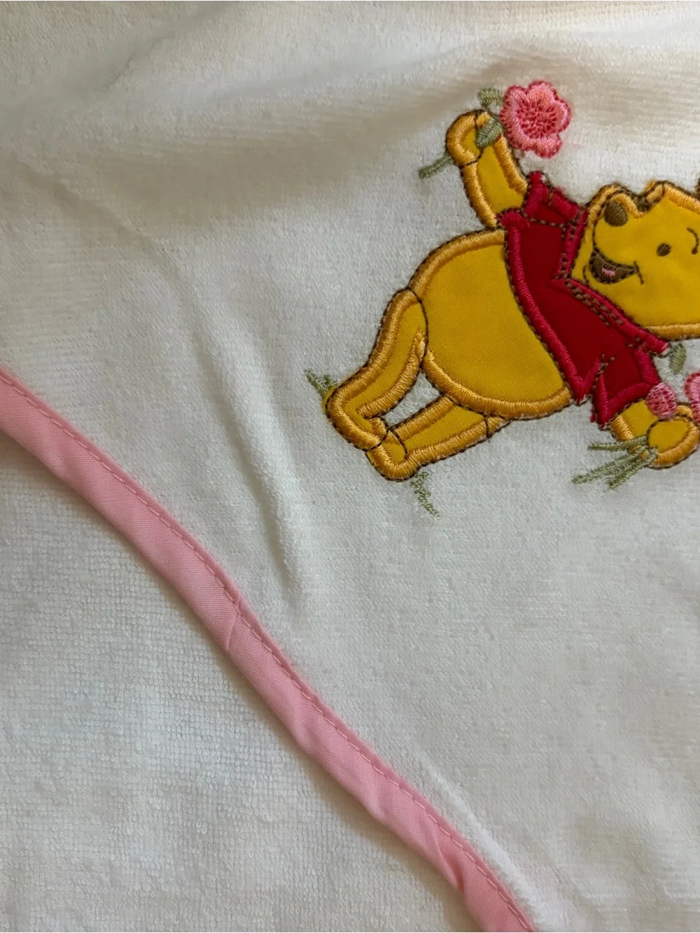 Disney Winnie the Pooh White Hooded Baby Towel  with Pink Trim EUC